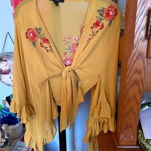 Forever 21 Mustard Floral Tie-Front Blouse